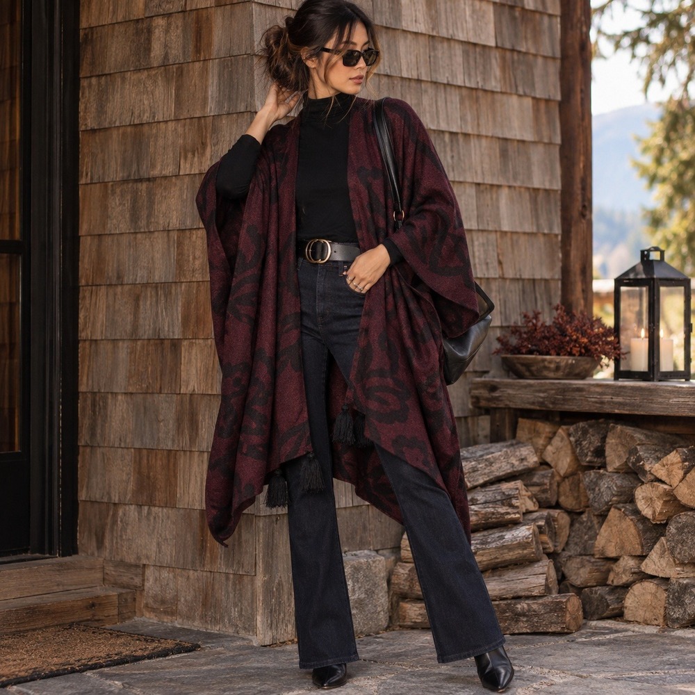 Cleobella Sevigny Capelet Poncho Wrap Jacquard maroon and black with Tassels OS